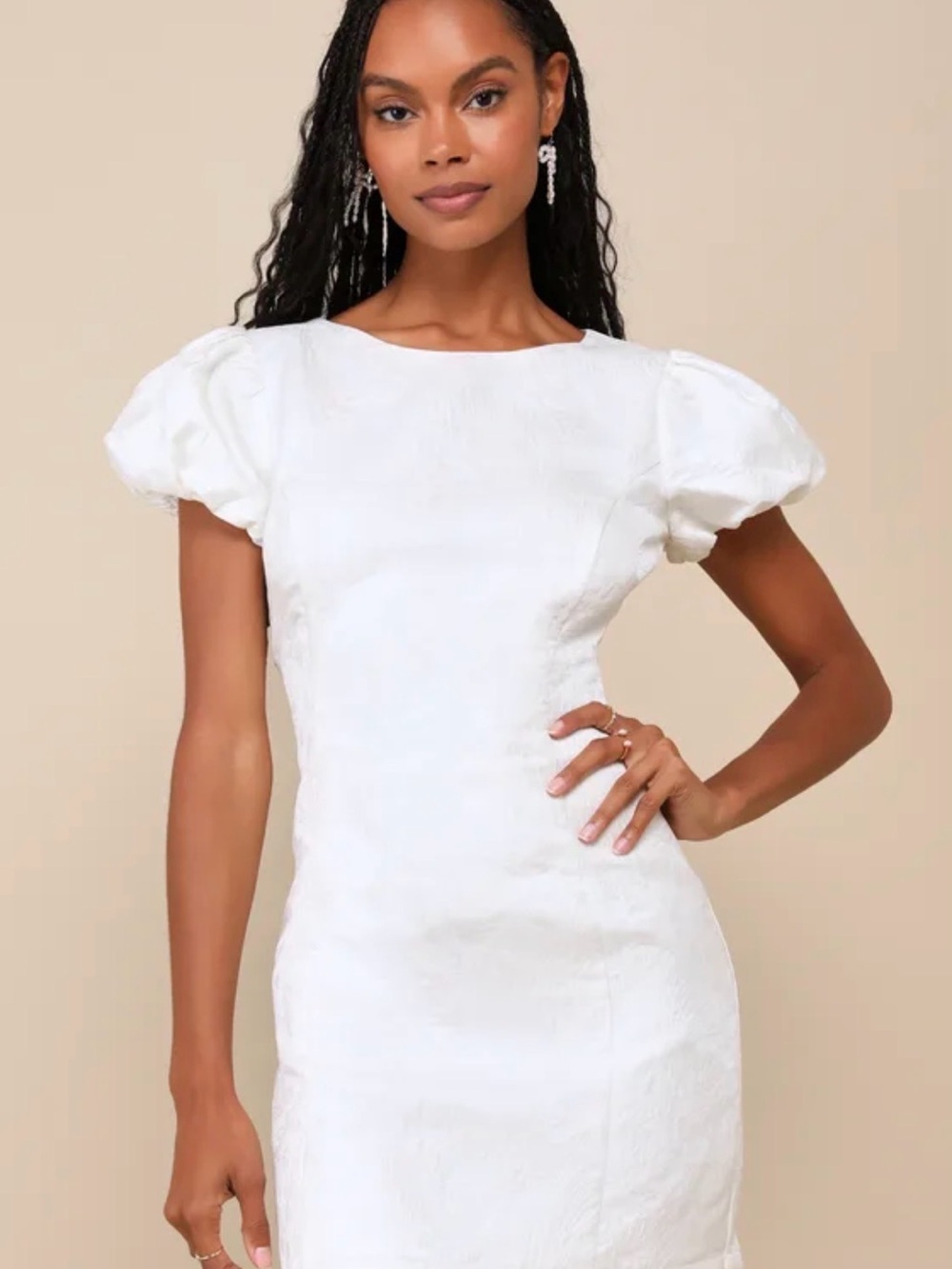Lulus Exceptional Icon White Floral Jacquard Puff Sleeve Mini Dress size M - Picture 2 of 7